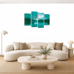 LR Landscape Lake Wall Art Picture – Teal & Brown Floral Framed 4 Panel Split Canvas Print | Ready to Hang | Modern Wall Art for Living Room, Bedroom & Office