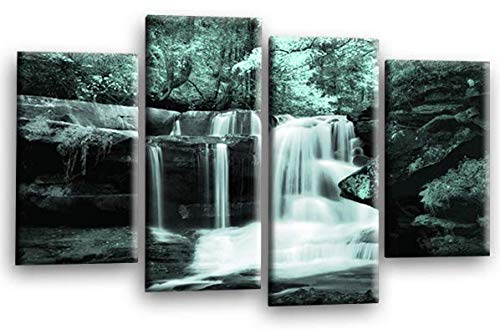 LR Waterfall Forest Wall Art Picture Duck Egg Grey White Framed Canvas Split Panel Print Ready to Hang