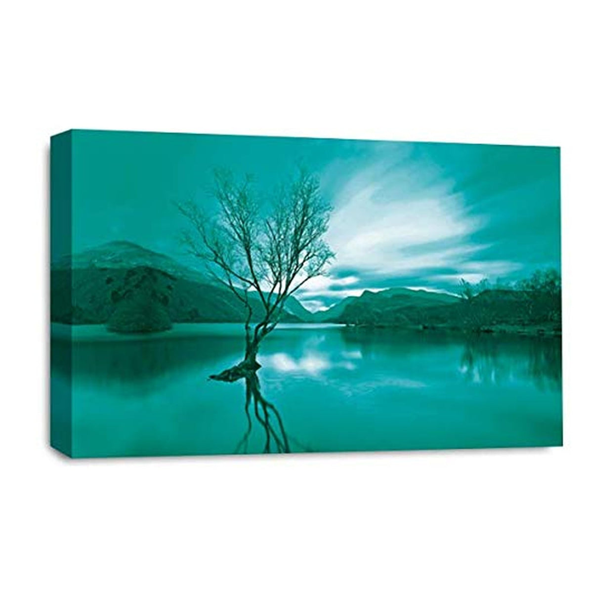 LR Landscape Sunset Wall Art Picture – Teal & Cream Seascape Framed Canvas Print | Ready to Hang | Modern Wall Art for Living Room, Bedroom & Office