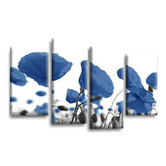 LR Floral Rose Poppy Wall Art Picture – Blue & White Framed 4 Panel Split Canvas Print | Ready to Hang | Modern Wall Art for Living Room, Bedroom & Office