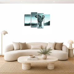 LR Elephant Sunset Wall Art Picture – Grey & Duck Egg African Framed 4 Panel Split Canvas Print | Ready to Hang | Modern Wall Art for Living Room, Bedroom & Office