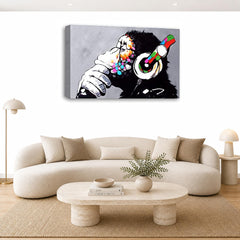 LR Banksy DJ Monkey Wall Art Picture – Graffiti Art Framed Canvas Print | Ready to Hang | Modern Wall Art for Living Room, Bedroom & Office