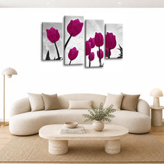 LR Floral Rose Tulip Wall Art Picture – Purple & Grey Framed 4 Panel Split Canvas Print | Ready to Hang | Modern Wall Art for Living Room, Bedroom & Office
