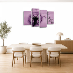 LR Abstract Floral Wall Art Picture – Purple & Grey Framed 4 Panel Split Canvas Print | Ready to Hang | Modern Wall Art for Living Room, Bedroom & Office