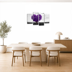 LR Floral Love Heart Wall Art Picture – Purple & Grey Tree Framed 4 Panel Split Canvas Print | Ready to Hang | Modern Wall Art for Living Room, Bedroom & Office