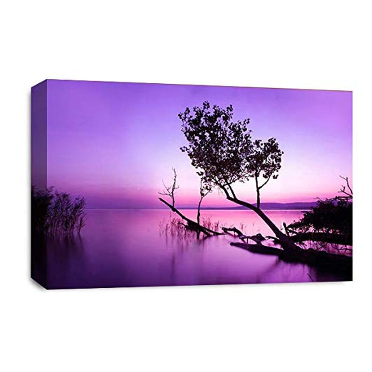 LR Seascape Landscape Sunset Wall Art Picture – Purple & Grey Framed Canvas Print | Ready to Hang | Modern Wall Art for Living Room, Bedroom & Office