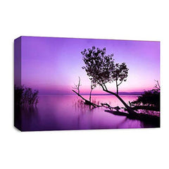 LR Seascape Landscape Sunset Wall Art Picture – Purple & Grey Framed Canvas Print | Ready to Hang | Modern Wall Art for Living Room, Bedroom & Office