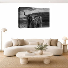 LR Highland Stag Cow Wall Art Picture – Black & White Framed Canvas Print | Ready to Hang | Modern Wall Art for Living Room, Bedroom & Office