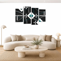 LR Teal Abstract Wall Art Picture – Black & White Modern Framed 4 Panel Split Canvas Print | Ready to Hang | Modern Wall Art for Living Room, Bedroom & Office