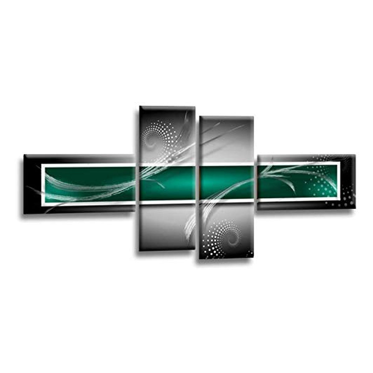 LR Abstract Wall Art Picture – Green, Black & White Modern Framed 4 Panel Split Canvas Print | Ready to Hang | Modern Wall Art for Living Room, Bedroom & Office