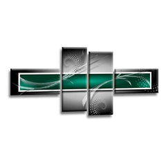 LR Abstract Wall Art Picture – Green, Black & White Modern Framed 4 Panel Split Canvas Print | Ready to Hang | Modern Wall Art for Living Room, Bedroom & Office
