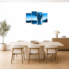 LR Elephant Sunset Wall Art Picture – Grey & Blue African Framed 4 Panel Split Canvas Print | Ready to Hang | Modern Wall Art for Living Room, Bedroom & Office