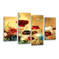 LR Floral Rose Poppy Wall Art Picture – Red & Cream Framed 4 Panel Split Canvas Print | Ready to Hang | Modern Wall Art for Living Room, Bedroom & Office