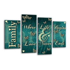 LR Family Love Quote Wall Art Picture – Teal & Cream Framed 4 Panel Split Canvas Print | Ready to Hang | Modern Wall Art for Living Room, Bedroom & Office