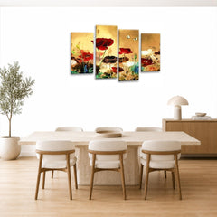 LR Floral Rose Poppy Wall Art Picture – Red & Cream Framed 4 Panel Split Canvas Print | Ready to Hang | Modern Wall Art for Living Room, Bedroom & Office