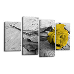 LR Floral Mustard Rose Wall Art Picture – Grey, White Framed 4 Panel Split Canvas Print | Ready to Hang | Modern Wall Art for Living Room, Bedroom & Office