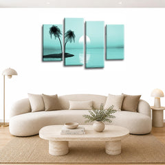 LR Sunset Beach Wall Art Picture – Teal Seascape Framed 4 Panel Split Canvas Print | Ready to Hang | Modern Wall Art for Living Room, Bedroom & Office