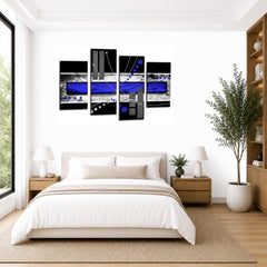 LR Abstract Wall Art Picture – Blue, Black & White Modern Framed 4 Panel Split Canvas Print | Ready to Hang | Modern Wall Art for Living Room, Bedroom & Office