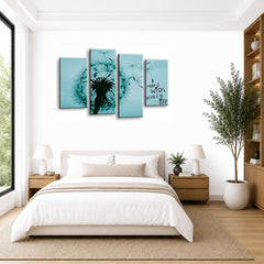 LR Abstract Floral Wall Art Picture – Grey & Teal Framed 4 Panel Split Canvas Print | Ready to Hang | Modern Wall Art for Living Room, Bedroom & Office