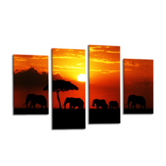 LR Elephant Sunset Wall Art Picture – Grey & Orange African Framed 4 Panel Split Canvas Print | Ready to Hang | Modern Wall Art for Living Room, Bedroom & Office