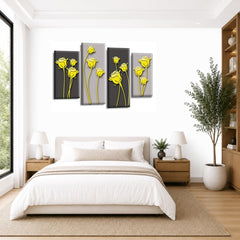 LR Floral Rose Wall Art Picture – Grey & Yellow Framed 4 Panel Split Canvas Print | Ready to Hang | Modern Wall Art for Living Room, Bedroom & Office