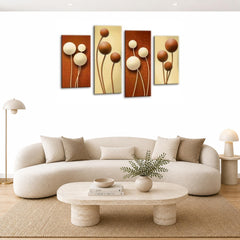 LR Floral Rose Wall Art Picture – Cream & Brown Framed 4 Panel Split Canvas Print | Ready to Hang | Modern Wall Art for Living Room, Bedroom & Office