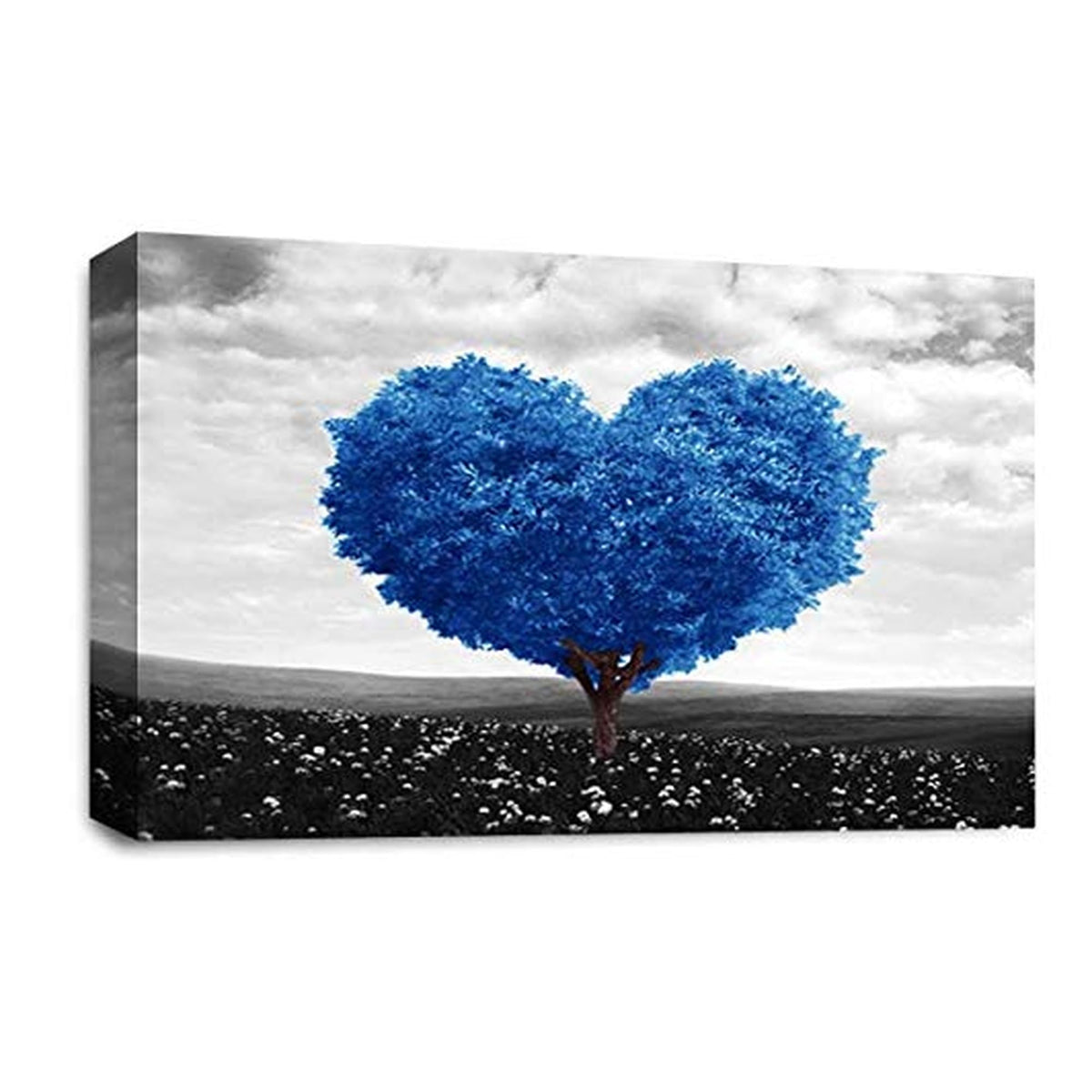 LR Floral Love Heart Tree Wall Art Picture – Grey & Blue Framed Canvas Print | Ready to Hang | Modern Wall Art for Living Room, Bedroom & Office