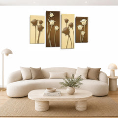 LR Floral Rose Wall Art Picture – Cream & Brown Framed 4 Panel Split Canvas Print | Ready to Hang | Modern Wall Art for Living Room, Bedroom & Office