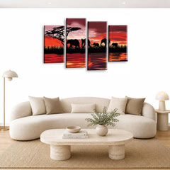 LR Elephant Sunset Wall Art Picture – Red, Orange & Black African Framed 4 Panel Split Canvas Print | Ready to Hang | Modern Wall Art for Living Room, Bedroom & Office
