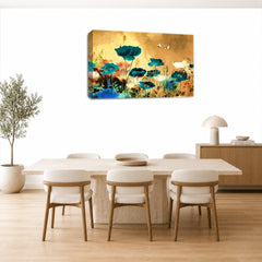 LR Floral Rose Poppy Wall Art Picture – Teal & Cream Framed Canvas Print | Ready to Hang | Modern Wall Art for Living Room, Bedroom & Office