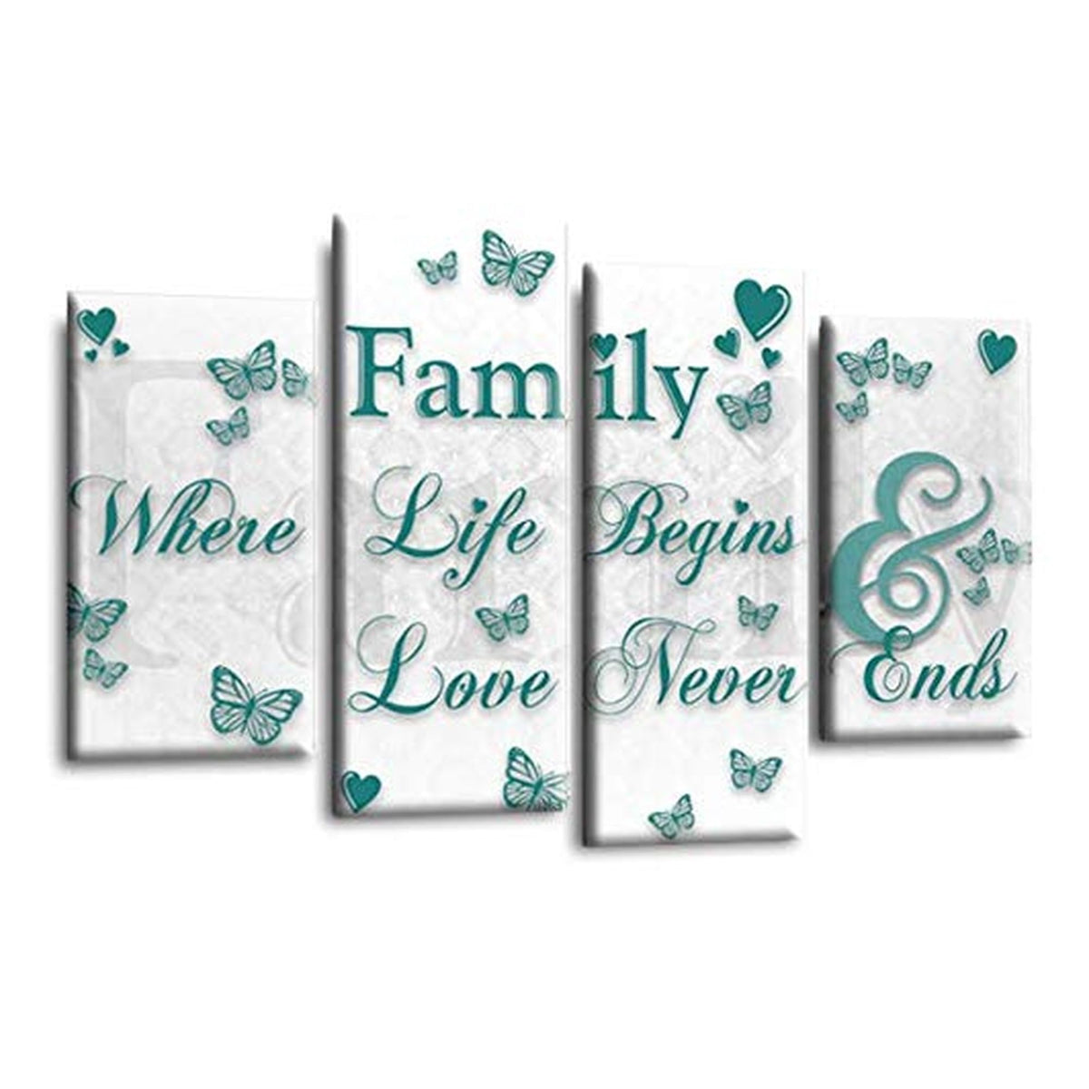 LR Family Quote Wall Art Picture – Grey, Teal & White Love Framed 4 Panel Split Canvas Print | Ready to Hang | Modern Wall Art for Living Room, Bedroom & Office