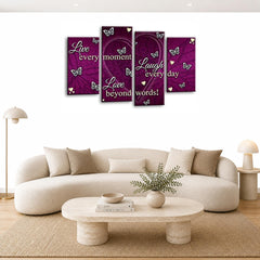 LR Live Laugh Wall Art Picture – Purple & Grey Love Quote Framed 4 Panel Split Canvas Print | Ready to Hang | Modern Wall Art for Living Room, Bedroom & Office