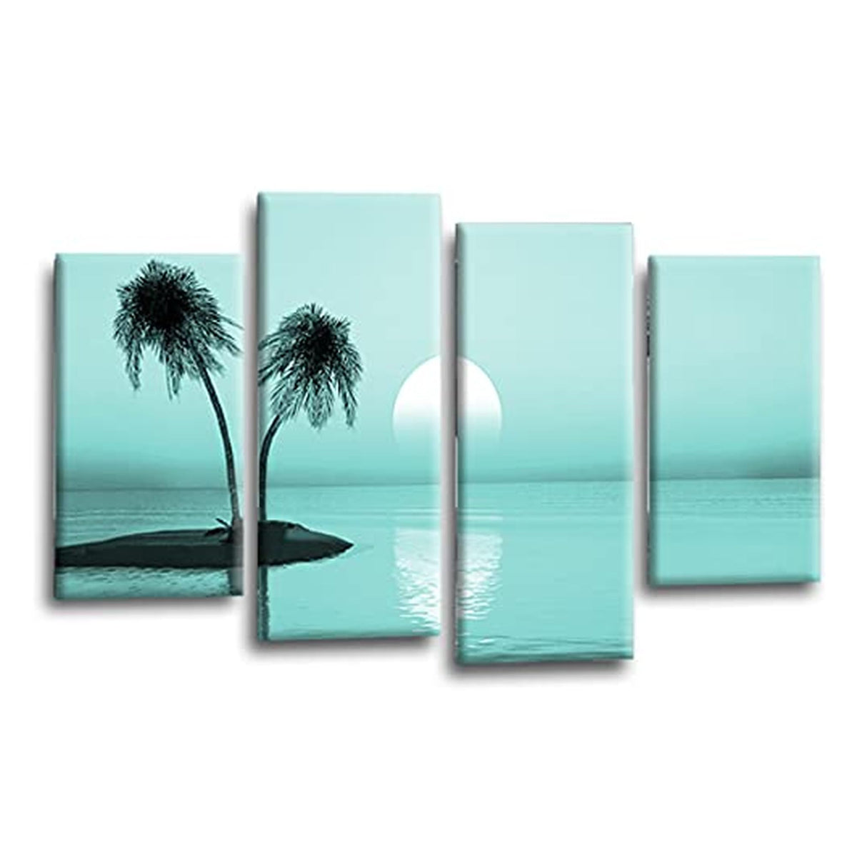 LR Sunset Beach Wall Art Picture – Teal Seascape Framed 4 Panel Split Canvas Print | Ready to Hang | Modern Wall Art for Living Room, Bedroom & Office