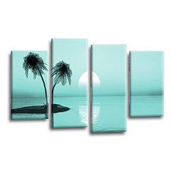 LR Sunset Beach Wall Art Picture – Teal Seascape Framed 4 Panel Split Canvas Print | Ready to Hang | Modern Wall Art for Living Room, Bedroom & Office