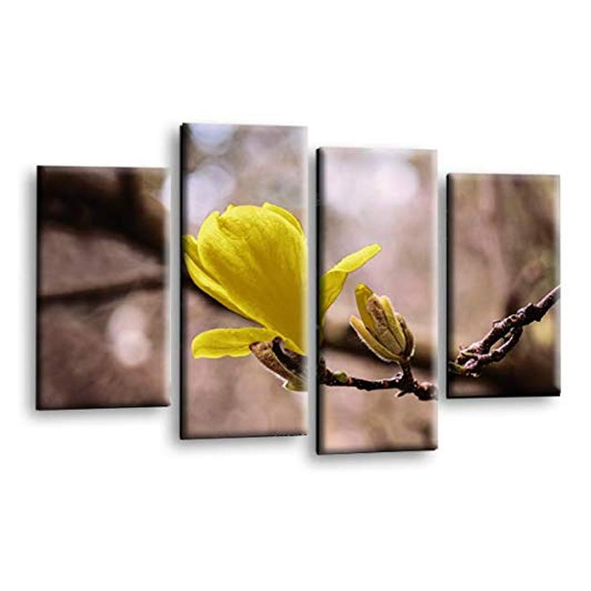 LR Floral Rose Wall Art Picture – Grey & Yellow Framed 4 Panel Split Canvas Print | Ready to Hang | Modern Wall Art for Living Room, Bedroom & Office