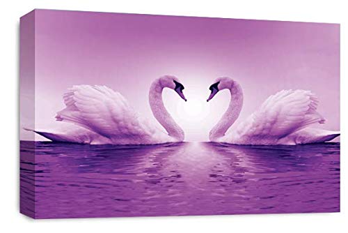 LR Love Heart Swans Wall Art Picture – Purple & White Framed Canvas Print | Ready to Hang | Modern Wall Art for Living Room, Bedroom & Office