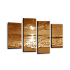 LR Sunset Beach Wall Art Picture – Cream & Brown Seascape Framed 4 Panel Split Canvas Print | Ready to Hang | Modern Wall Art for Living Room, Bedroom & Office