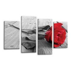 LR Red Rose Floral Wall Art Picture Framed 4 Panel Split Canvas Print | Ready to Hang | Modern Wall Art for Living Room, Bedroom & Office