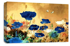 LR Floral Rose Poppy Wall Art Picture Cream Blue Chinese Flower Framed Canvas Print Ready to Hang