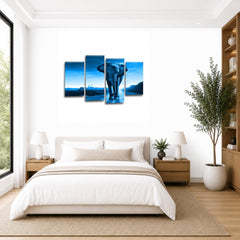 LR Elephant Sunset Wall Art Picture – Grey & Blue African Framed 4 Panel Split Canvas Print | Ready to Hang | Modern Wall Art for Living Room, Bedroom & Office