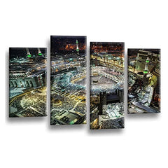 LR Hajj Mecca Islamic Wall Art Picture Framed 4 Panel Split Canvas Print | Ready to Hang | Modern Wall Art for Living Room, Bedroom & Office