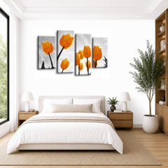 LR Floral Rose Tulip Wall Art Picture – Grey & Orange Framed 4 Panel Split Canvas Print | Ready to Hang | Modern Wall Art for Living Room, Bedroom & Office