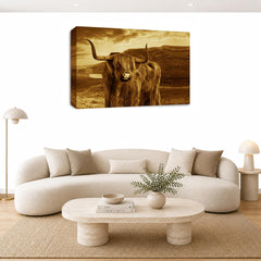 LR Highland Cow Stag Wall Art Picture – Cream & Brown Framed Canvas Print | Ready to Hang | Modern Wall Art for Living Room, Bedroom & Office