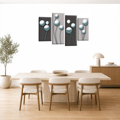 LR Duck Egg Floral Rose Wall Art Picture – Grey Framed 4 Panel Split Canvas Print | Ready to Hang | Modern Wall Art for Living Room, Bedroom & Office
