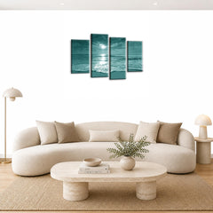 LR Sunset Beach Wall Art Picture – Teal & Cream Seascape Framed 4 Panel Split Canvas Print | Ready to Hang | Modern Wall Art for Living Room, Bedroom & Office