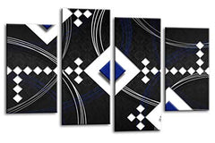 LR Abstract Wall Art Print Blue Black White Stripes Checks Framed Split Panel Picture Ready to Hang