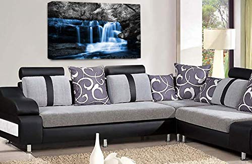 LR Blue Waterfall Canvas Wall Art Picture Forest Landscape Grey White Framed Print Ready to Hang