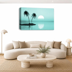 LR Sunset Beach Wall Art Picture – Duck Egg Seascape Framed Canvas Print | Ready to Hang | Modern Wall Art for Living Room, Bedroom & Office