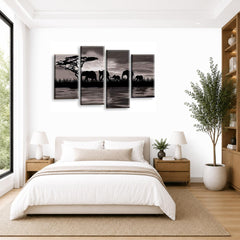 LR Elephant Sunset Wall Art Picture – Grey, Black & White African Framed 4 Panel Split Canvas Print | Ready to Hang | Modern Wall Art for Living Room, Bedroom & Office