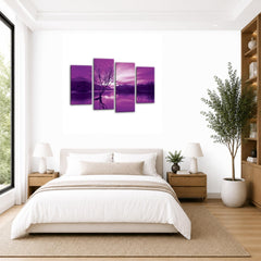 LR Landscape Lake Wall Art Picture – Purple & Cream Floral Framed 4 Panel Split Canvas Print | Ready to Hang | Modern Wall Art for Living Room, Bedroom & Office